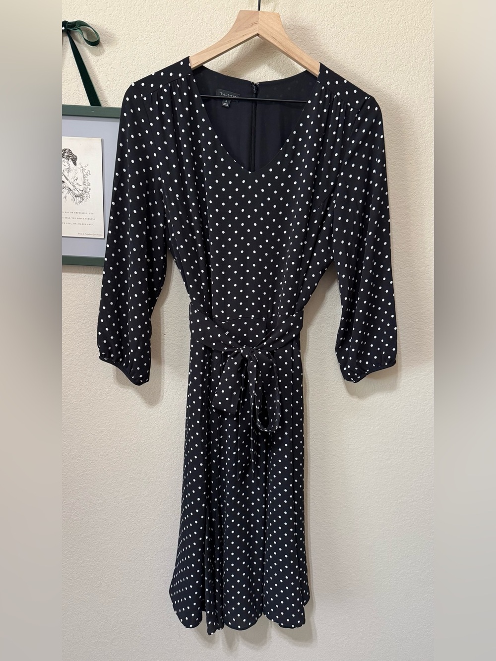TALBOTS | Black and White Polka Dot Tie-Waist Midi Dress Size 8